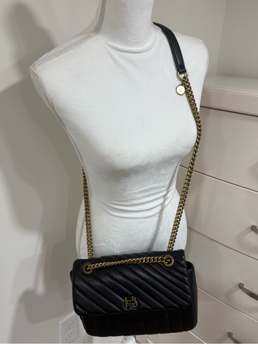 henri bendel Black Quilted Leather Shoulder Bag with Gold Chain